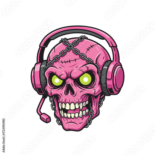 Pink skull with glowing eyes and headset, cartoon horror gaming icon, chained microphone design, stitched bone character, edgy gamer art for merchandise