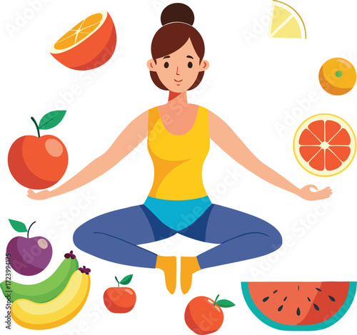 Women is doing yoga and there are some fruit on transparent background