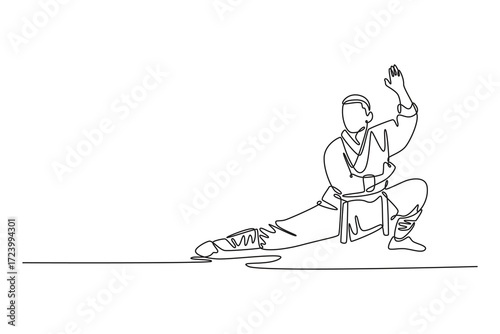 Single continuous line drawing male in powerful stance, with one hand raised in block, disciplined and low-to-the-ground movements of Shaolin Kung Fu. One line draw graphic design vector illustration