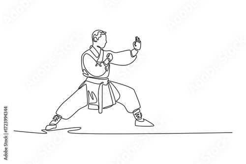 Continuous one line drawing strongman in powerful horse stance, with both arms in defensive guard, incredible stability fundamental Shaolin Kung Fu. Single line draw design vector graphic illustration