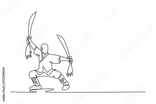 Continuous one line drawing attractive man in powerful horse stance, wielding two broadswords, dynamic combat of traditional Shaolin Kung Fu weapon. Single line draw design vector graphic illustration