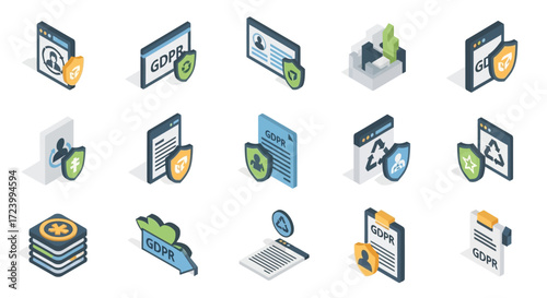 Isometric icons representing data protection and security measures for digital privacy.