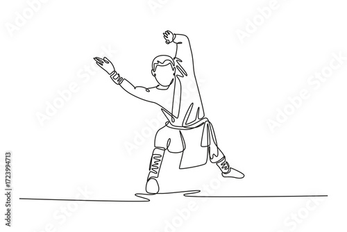 Continuous one line drawing male athlete in low stance with one hand open and other in fist, powerful Shaolin Kung Fu pose both offense and defense. Single line draw design vector graphic illustration