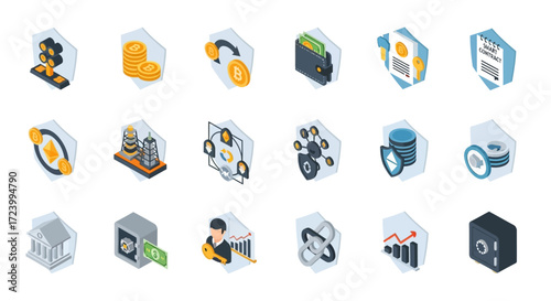 Isometric Icons Representing Data Security and Financial Technology.