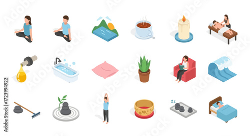 Isometric Icons Set for Relaxation and Self Care.