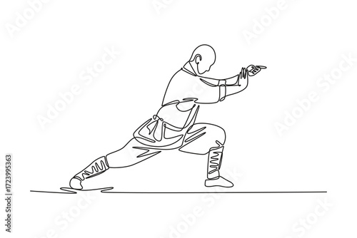 Single one line drawing male athlete in powerful stable stance, hands in defensive position. Discipline, focus, fluid motion of Shaolin routine. Continuous line draw design graphic vector illustration
