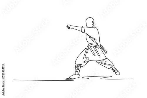 Single continuous line drawing man middle of powerful punch, his body in a low, stable stance, focused energy and strength of Shaolin Kung Fu. Dynamic one line draw graphic design vector illustration