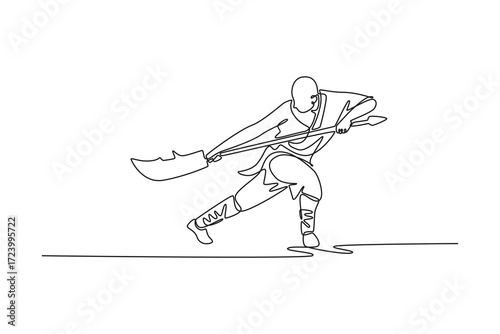 Single one line drawing skilled male in dynamic stance, wielding large weapon. Discipline, power, intensity of Shaolin Kung Fu routine. Modern continuous line draw design graphic vector illustration