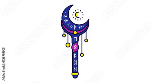 Magical Crescent Moon Staff with Stars and Sun.