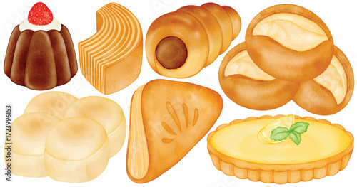 Watercolor Pastry Clip Art Set Hand Painted Dessert Pudding Croissant Cream Puff Lemon Tart Baumkuchen Bakery Food Vector Illustration