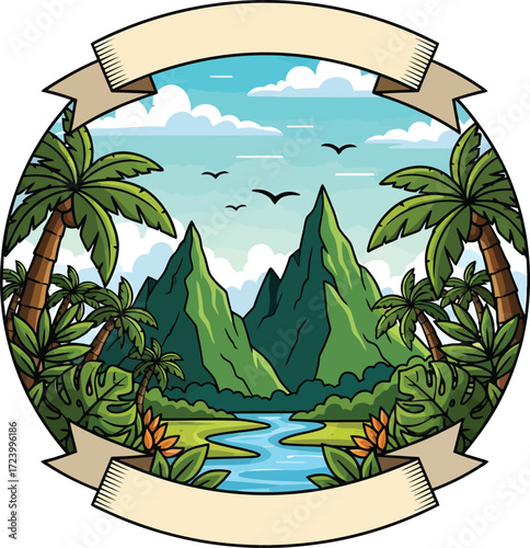 Exotic Mountain Valley with Palm Trees and Blue Sky Illustration