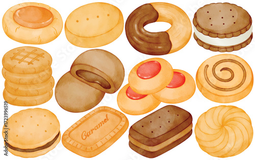 Watercolor Cookie Clip Art Set Hand Painted Biscuit Dessert Sweet Snack Chocolate Jam Caramel Vector Illustration