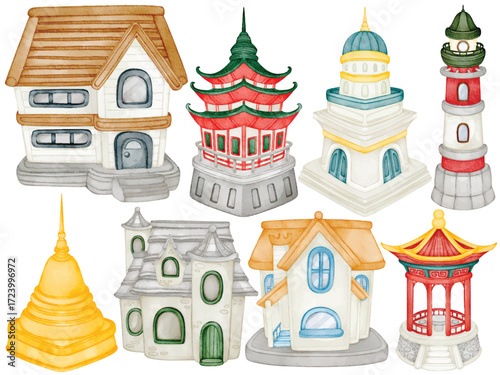 Watercolor Building Clip Art Set Hand Painted House Pagoda Pavilion Stupa Dome Lighthouse Castle Vector Illustration