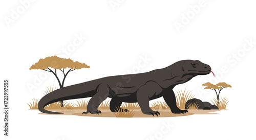 Komodo Dragon Illustration with Tongue Out in Natural Habitat.