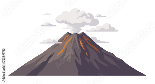 Cartoon Volcano with Lava Flow and Clouds.