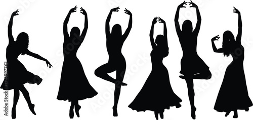 Elegant ballet dancer silhouettes collection showing classical poses, graceful movement, performance art, choreography, stage dance, female ballerina, cultural artistic expression
