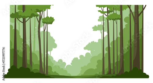 Fotografía Cartoon Forest Scene with Tall Trees and Green Foliage.
