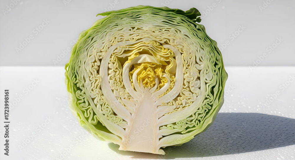 Obraz premium CloseUp View of a Freshly Cut Cabbage Head Showcasing Intricate Internal Structures