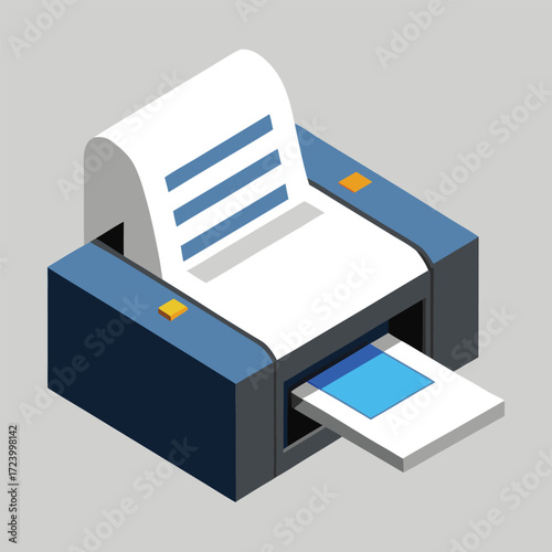 Modern isometric 3d illustration of a sleek blue and gray office printer machine with a document printing out and another document emerging from the output tray on a neutral gray background