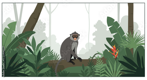 Spectacled Langur Monkey Sitting in a Lush Jungle Environment.