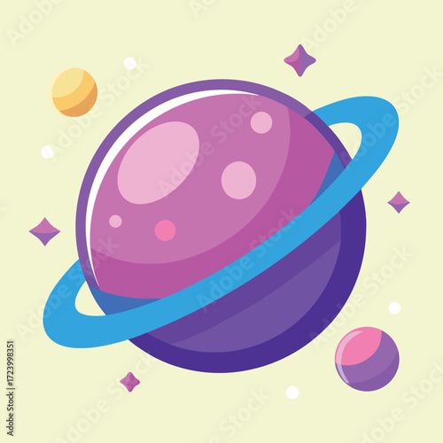 Vibrant and whimsical illustration of a purple ringed planet with smaller celestial bodies and sparkling stars against a soft yellow background perfect for children s books and space themes
