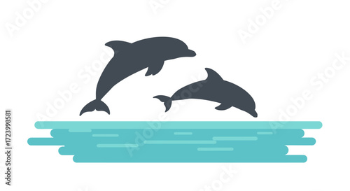 Two Dolphins Leaping Above the Water Surface Illustration.