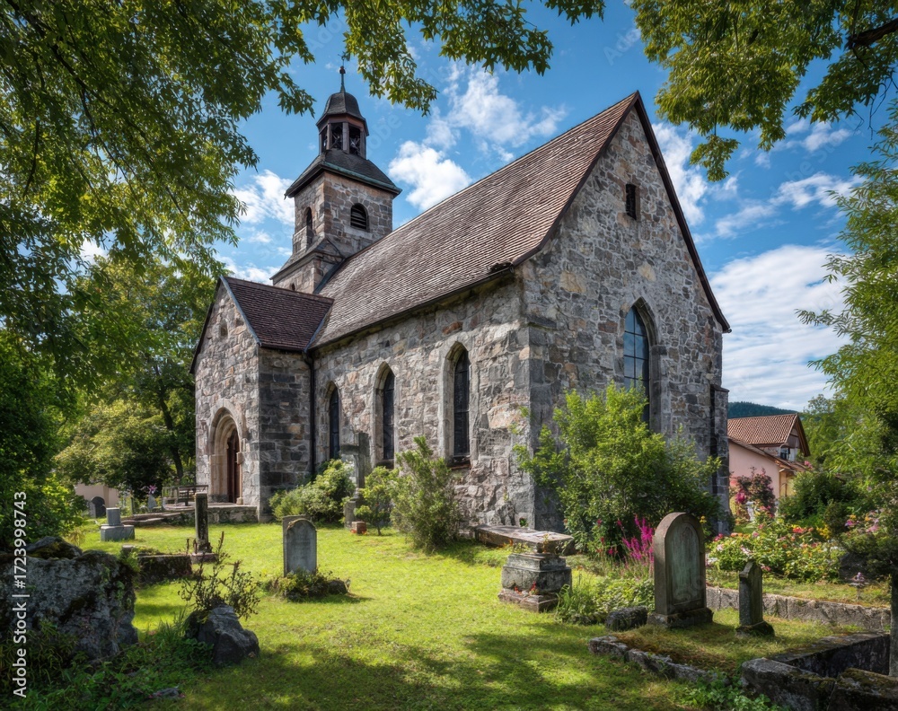 Naklejka premium Stone church and graveyard under trees