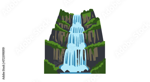 Cascading Waterfall Scene with Lush Greenery and Rocky Cliffs.