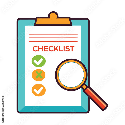 A clipboard with a checklist and three completed tasks marked with colorful checkmarks accompanied by a magnifying glass for detailed inspection and verification