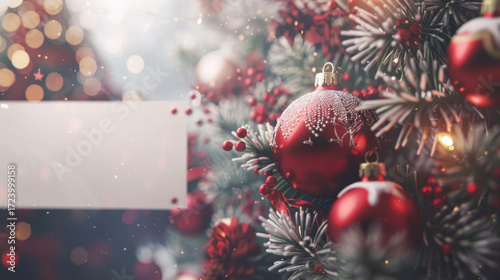close up horizontal detailed image of shiny christmas ornaments with a blank rectangular white banner on the side, mockup space