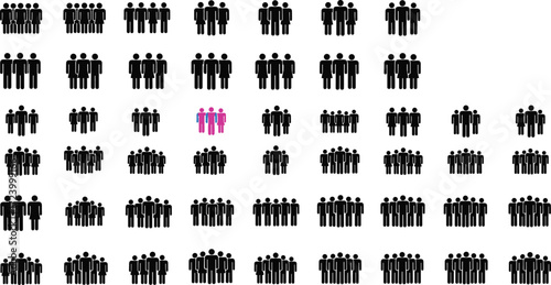 Minimalist grid of people icons with highlighted pink group, representing demographics, data analysis, diversity, individuality, population statistics, social research, uniqueness