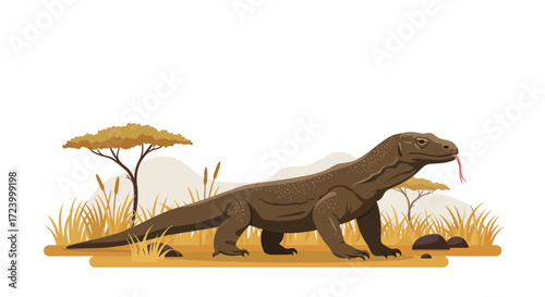 Illustrated Komodo Dragon with Tongue Out in a Natural Habitat.