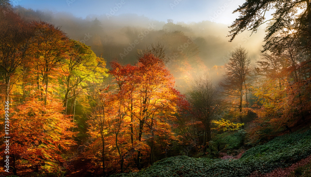 Fototapeta premium Misty Autumn Forest Canopy Bathed In Golden Sunlight With Vibrant Red Yellow And Green Foliage