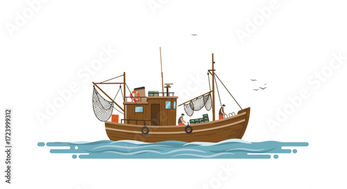 Fishing Boat with Crew on Water Nets and Equipment Visible.