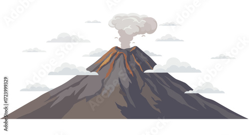 Cartoon Volcano Erupting with Smoke and Lava Flows.