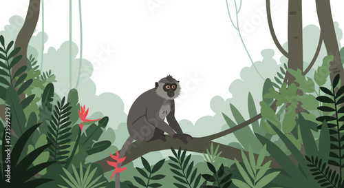 Cartoon Monkey Sitting on Branch in Lush Jungle Foliage.