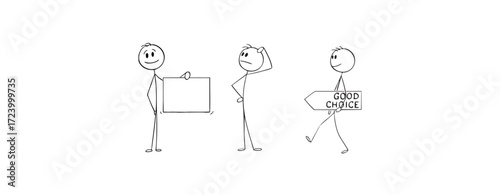 Person looking for help with good choice, vector cartoon stick figure or character illustration. Confident person or businessman holding empty sign
