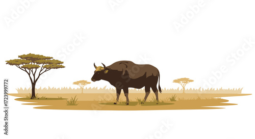 Gaur Standing in a Grassy Field with Trees.