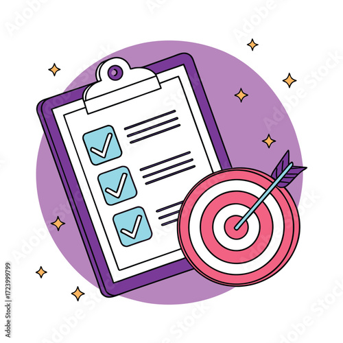 Illustration of a clipboard with a completed checklist and a dartboard with an arrow in the bullseye representing goal achievement and task completion success