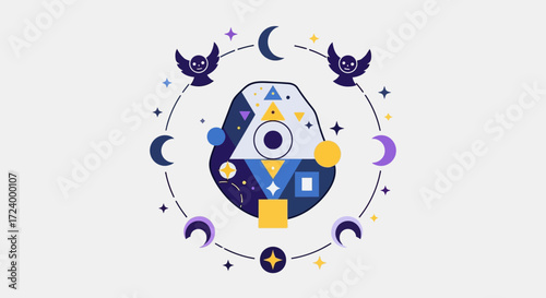 Mystical celestial design featuring moons stars and geometric shapes in a circular arrangement.