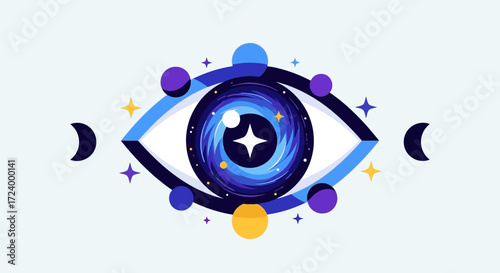 Mystical cosmic eye with a galaxy pupil and celestial symbols.