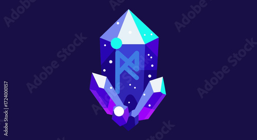 Mystical crystal with glowing runes and vibrant colors on dark background.