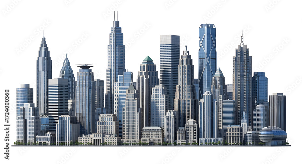 Fototapeta premium Modern city skyline with diverse skyscrapers under bright daylight