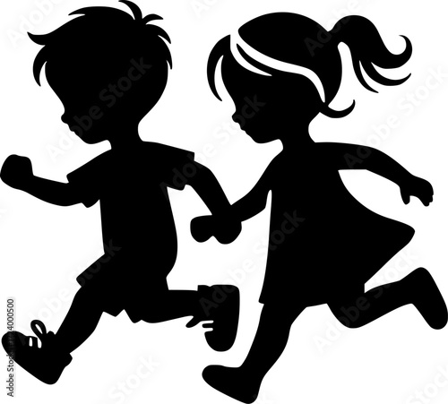 Little boy and girl silhouette running together holding hand sign, symbol, vector, art