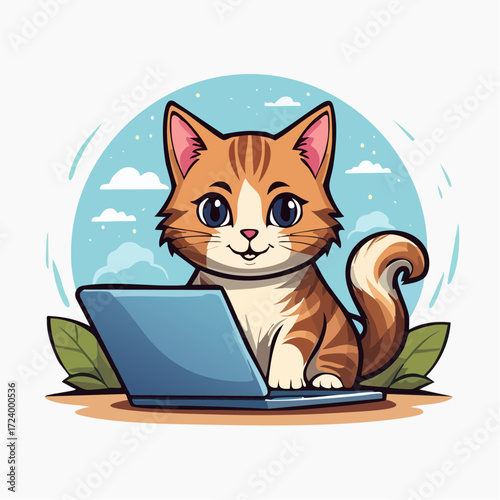 cute cat works on a laptop