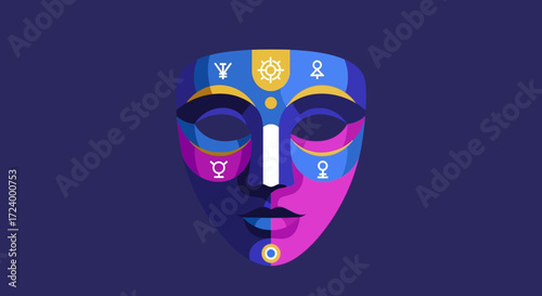 Mystical mask with vibrant colors and symbolic designs, a visual enigma.