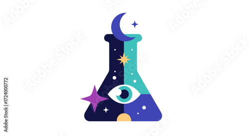 Mystical Potion Bottle with Eye and Celestial Elements.