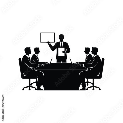 Business meeting silhouette with presenter pointing to a whiteboard and attendees gathered around table