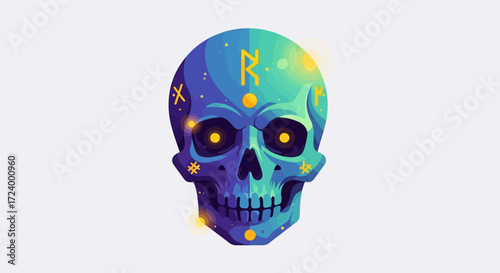 Mystical Runic Skull with Glowing Eyes Illustration.