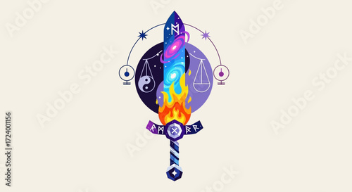 Mystical Sword with Elemental Symbols and Cosmic Blade.